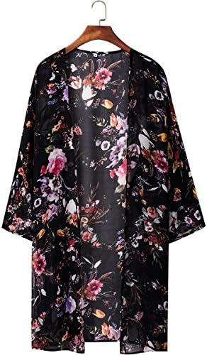 Sakananiki Women's Floral Cover Up Chiffon Kimono Cardigan Blouse Beachwear (S, Black Floral)