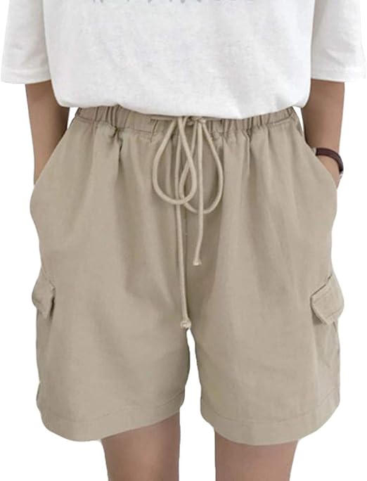 Amazon Baluote レディース ハーフパンツ 夏服 無地 ワイトパンツ 五分丈 パンツ コットン ハイウエスト ワークパンツ ウエストゴム カジュアル 韓国風 通勤カーキ ショートパンツ 通販