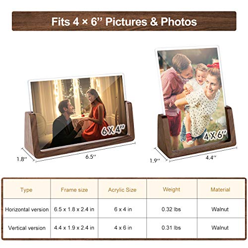 Mixoo 4x6 Wood Photo Picture Frame 2 Pack - Rustic Wooden Picture Frame with Walnut Wood Base and High Definition Break Free Acrylic Covers for Tabletop or Desktop Display (Horizontal + Vertical)