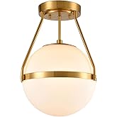 HOLKIRT Mid Century Modern Globe Semi Flush Mount Ceiling Light Fixture,White Opal with Brass Finish,Living/Dinning Room