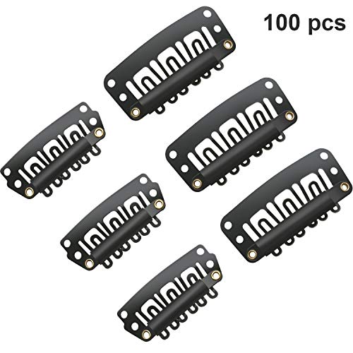 100 Pieces Wig Clips U-shape Metal Clips Stainless Steel Wig Clips 6 Teeth Combs Clips with Soft Rubber for Hair Extensions DIY, 3.2 cm, 2.8 cm, Black