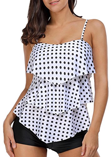 Dearlove Summer Women Retro Black White Polka Dot Ruffle Halter Padded Tankini Top Two Piece Swimsuit With Swim Shorts Swimwear Plus Size XXL 18 20