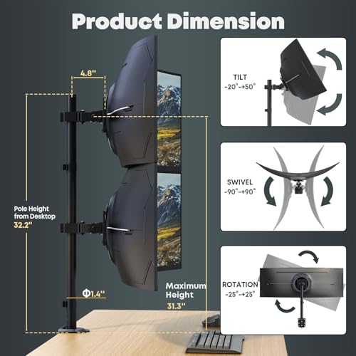 Heavy Duty Dual Monitor-Arm for 17-49'' - Double Vertically Stacked Monitor Mount, Extra Tall Ultrawide Desk Stand Holds up to 44 lbs per Screen, Vesa 75/100, Black