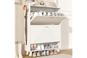 howcool Shoe Cabinet for 24 Pairs (Including Size 13) – Farmhouse Narrow Slim Design with 2 Flip-Drawers & Coat Hooks – Freestanding Hidden Shoe Organizer for Entryway, Front Door & Hallway Coat Hooks