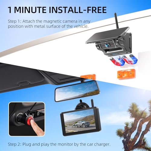 eRapta Magnetic Solar Wireless Backup Camera: HD1080P 5” Touchscreen Portable with DVR, BSD, 1-Min Install-Free IR Night Vision Hitch Backup Camera for Trailer/Truck/Small RV/Camper/Tractor