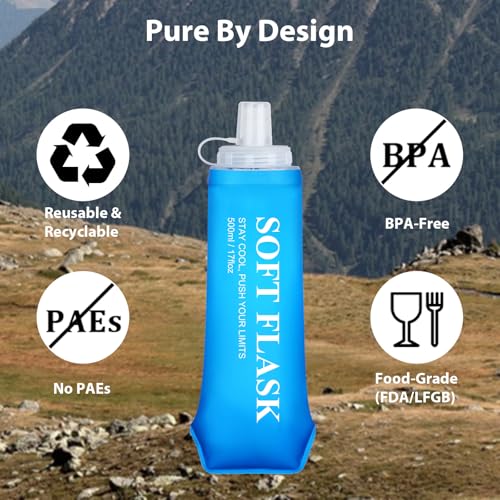Euqvunn 2 Pcs Soft Water Bottle Running Flask 500ml Reusable BPA Free with Waterproof Cap, Foldable for Running, Walking, Hiking, Cycling