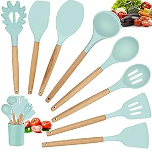Silicone Kitchen Utensil Set, 9 Pcs Non-Stick Cooking Kitchen Utensils Spatula Set with Holder, Wooden Handle Heat…