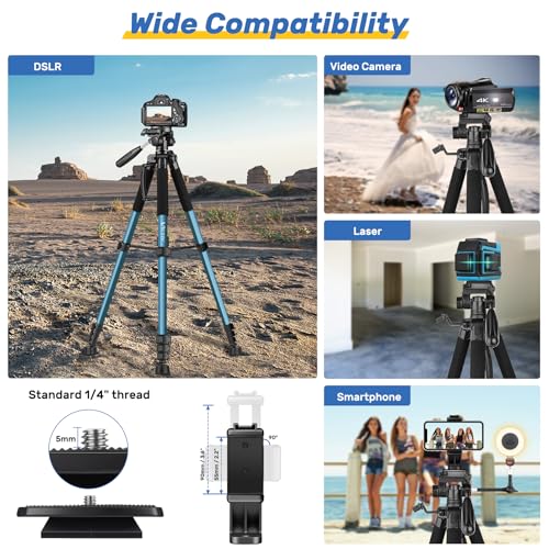 Victiv 188cm Camera Tripod for Canon Sony Nikon, Travel Tripod with Detachable 3-way Swivel Head, Camera Stand with Phone Holder & Remote Control, Upgraded Tripods with 1/4" Extension Interface-Blue