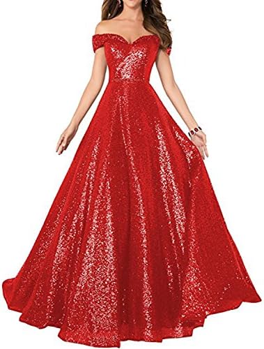 Sequin Prom Dresses Off The Shoulder Crystal Beaded Swing Ball Gown Long P104