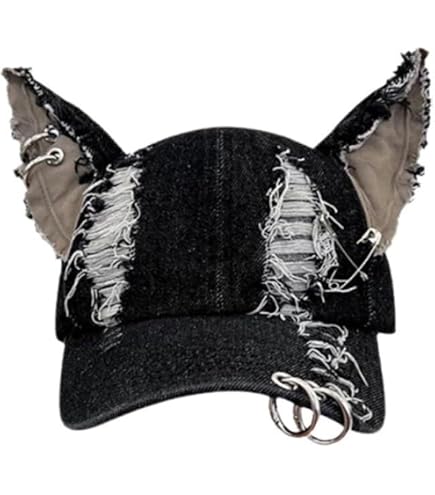 THESSNCE Y2k Hat Punk Hats Denim Bunny Hat Chains Distressed