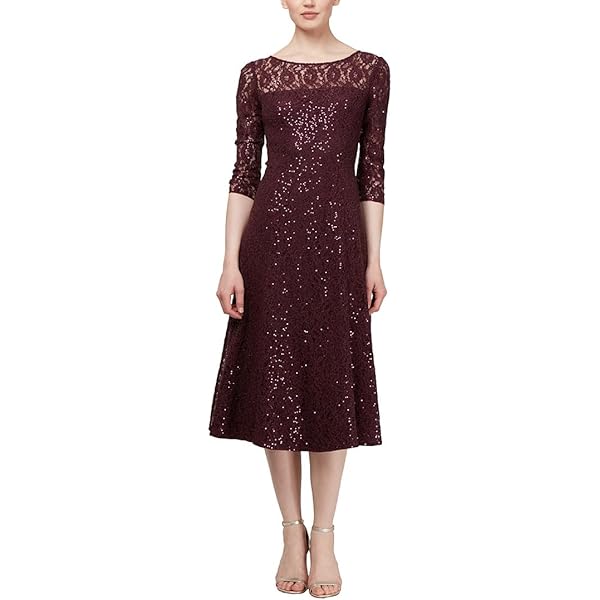 Amazon.com: S.L. Fashions Women's Sequin Fit and Flare Dress, Navy Petite  3/4 Sleeve, 4P : Clothing, Shoes & Jewelry
