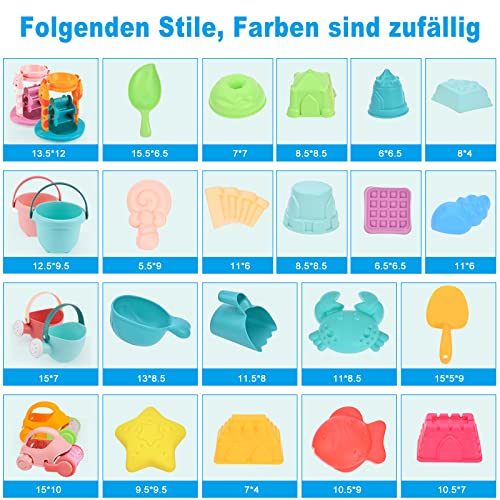 GOLDGE Sand Toy Set, 29 Pieces, Colourful Beach Toy, Sand Toy Set with Car Bucket, Castle Shapes, Mesh Bag, Water Toy for Boys and Girls