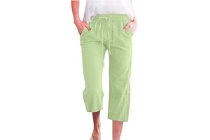 GOFLIC Cotton Linen Pants for Women 2024 Summer Drawstring Elastic Capri Pants High Waist Linen Pant Casual Loose Fit Pants