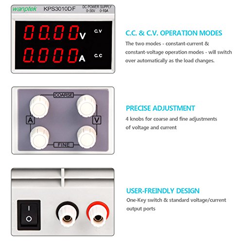 DC Power Supply Variable 30V 10A 4-Digit LED Display [Upgraded Version] Precision Adjustable DC Bench Power Supply DC Regulated Power Supply with 2 Alligator Clip Leads - Thumbnail 3
