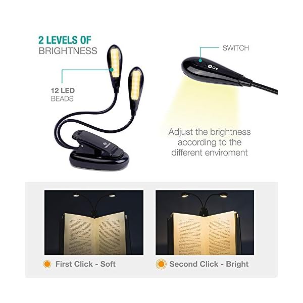 Vekkia 12 LED Rechargeable Book Light, Clip On Reading Light in Bed, 40  Hours Eye Protection, Dual Heads Light up 2 Fullu2026