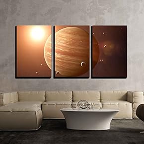3 Piece Canvas Wall Art - Colorful Picture Represents Jupiter and its Moons. - Modern Home Art Stretched and Framed Ready to Hang - 16"x24"x3 Panels