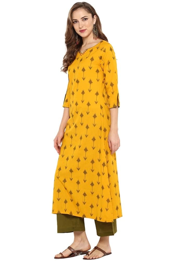 janasya women's cotton printed a-line kurta with straight pant