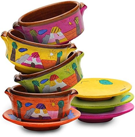 Ceramic Cereal/Chicken Soup Bowls With Dish, Set of Four, Handmade in Colombia, (20 oz or 600 ml), Children Favorite, Breakfast Collection, Microwave Safe, Green, Yellow, Orange, Purple