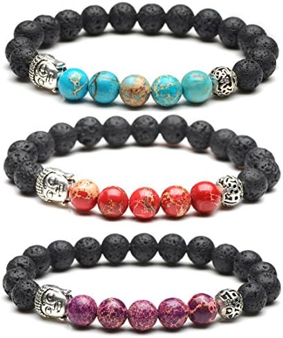 XIAFEN Men Women 8mm Lava Stone Oil Diffuser Bracelet Silver Buddha Elastic Bracelet More Color