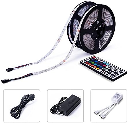 PKSTONE RGB LED Strip Lights Kit Waterproof SMD 5050 32.8 Ft (10m) 300LEDs with 44 Keys IR Remote Controller and 12V 5A Power Supply Adapter Used for Home Garden Kitchen Party Bar Decoration