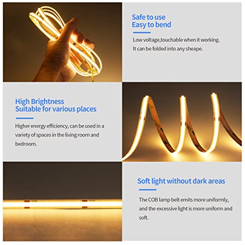 COB LED Strip 5M, Warm White 2700K LED Strip Light DC24V, 480LEDs/M, CRI 90+ Super Bright Uniform Dotless LED Tape Lights for Cabinet Kitchen Home DIY Indoor Lighting Projects (No Power Supply)