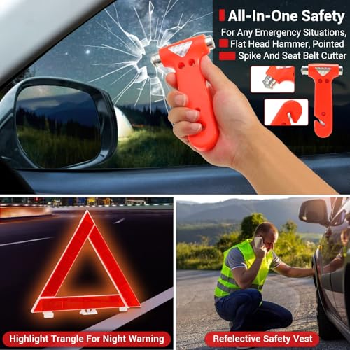 Emergency Breakdown Kit, 76 in 1 Multifunctional Roadside Assistance Car Breakdown Kit with Jumper Cables, Tow Rope, Triangle, Flashlight, Safety Hammer, etc