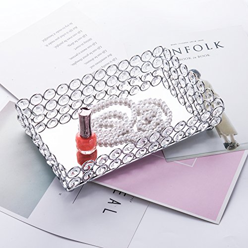 Feyarl Crystal Cosmetic Tray Rectangle Vanity Tray Jewelry Trinket Organizer Tray Mirrored Decorative Tray Christmas (Silver) - Thumbnail 4