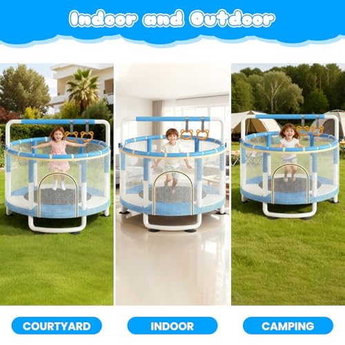 AM ANNA Kids Trampoline with Safety Net, 140 cm, 3-Height Adjustable Bar, Indoor/Outdoor, Multi-Toy Bundle