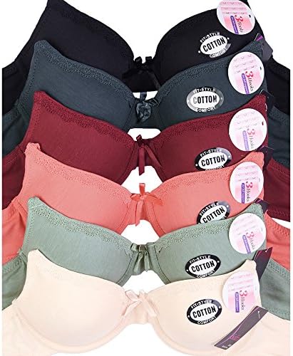 Uni Style Apparel Women Plain and Lace Bra - Set Of 6 (42C, Black, bgrey, DCORAL, jadeite, Lpink, Burgundy)