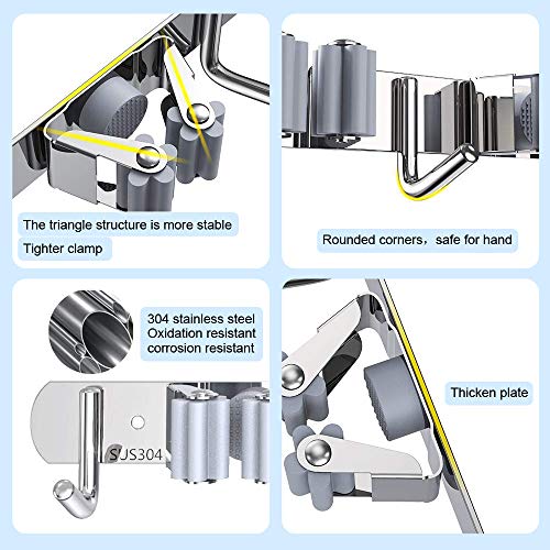 GUUKIN Broom and Mop Holder Wall Mount, Garage and Garden Tools Organization and Closet Storage, Stainless Steel Tool Rack with 3 Racks 4 Hooks for Kitchen, Bathroom, Laundry with 5 Tea Towel Clips