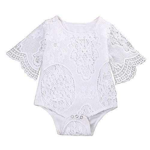 Infant Baby Girl White Lace Ruffles Sleeve Romper Sunsuit Bodysuit (80cm/6-12 Months)