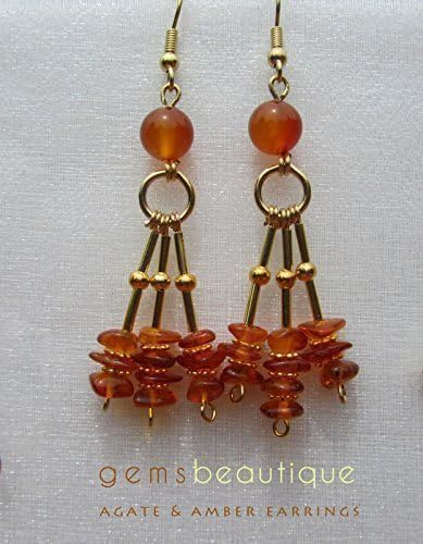 GemsBeautique Aquarelle Gold Dangle Chandelier 3" Earrings. Baltic amber sunshine &amp; agate. Minimal and elegant, the thin shiny gold choker is the perfect way to glam-up any outfit.