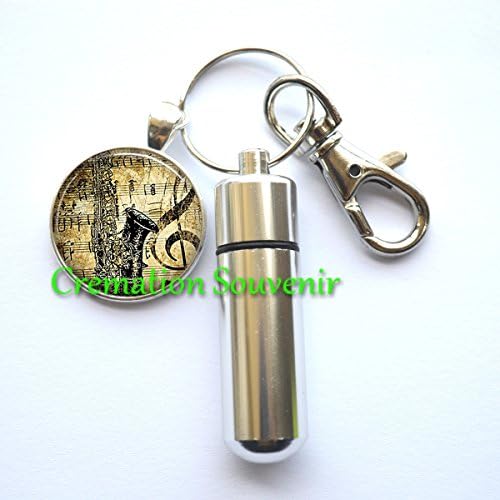 Saxophone &amp; Music cremation Keychain Jewelry - Urn Keychain -Memorial Jewelry - Remembrance Keychain-Saxophone &amp; Music cremation keepsake-Ashes Keychain