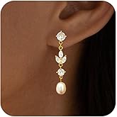 JOBICY Pearl Earrings for Women Trendy, 14k Gold Plated Freshwater CZ Leaf Pearl Dangle Drop Gold Earrings Lightweight Hypoallergenic Stud Earring Bridesmaid Wedding Gold Jewelry for Women Gifts