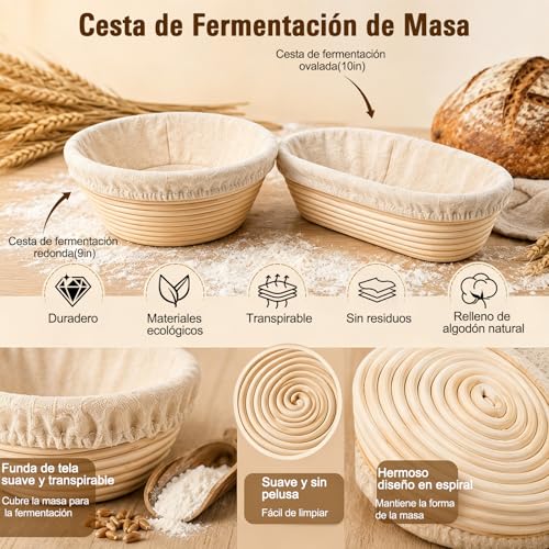Kit de inicio de masa madre, Suministros para Hornear Pan de Masa Madre, Incluye 2 cestas de fermentación, Manual, Tarro, Espátula, Cuchillas, Bolsas y Más, Regalos de repostería