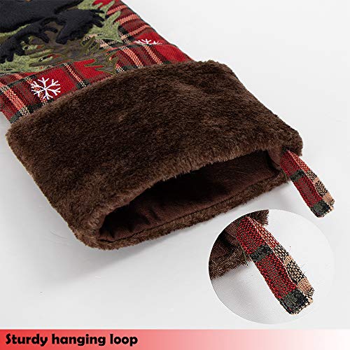 GMOEGEFT Farmhouse Christmas Stocking, Red and Black Buffalo Plaid, Black Moose in Snowfield Pattern Xmas Socks, Holiday Party Decorations Fireplace Hanging Ornaments