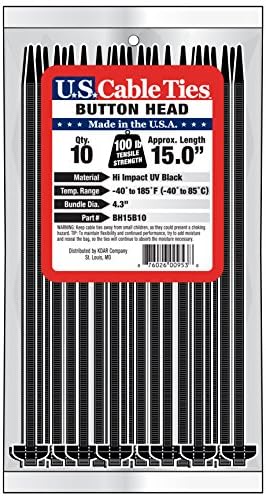 US Cable Ties BH15B10 15-Inch Button Head Ties, UV Black, 10-Pack