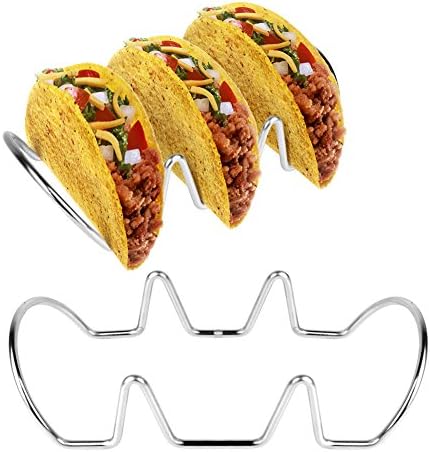 Triple Taco Holder | 2pcs Rustproof Non-Toxic Metal Stand for Hard and Soft Shell Tacos | Easy Handling Compact Size | Smooth Edges Stainless Steel Dishwasher Safe Stack | Silver | 1538