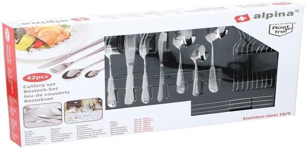 Motorola Nursery alpina 42-Piece Cutlery Set, Dishwasher-Safe with Elegant Design, Rustproof, Glossy, Dishwasher Safe, for 6 People, Stainless Steel, 18/0, Multicoloured, Media