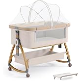 Baby Bassinet, Bedside Bassinet for Baby, 4 in 1 Portable Bedside Sleeper with Wheels Mosquito Net & Storage Basket, 6 Height