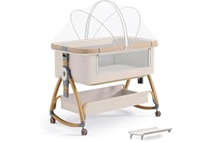 Baby Bassinet, Bedside Bassinet for Baby, 4 in 1 Portable Bedside Sleeper with Wheels Mosquito Net & Storage Basket, 6 Height