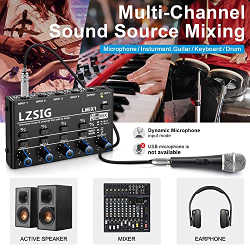 thumbnail image 2 of LZSIG 4-Channel Mini Audio Mixer - Ultra Low-Noise, With Microphone Input, For Guitar, Keyboard, PC 2 of 14