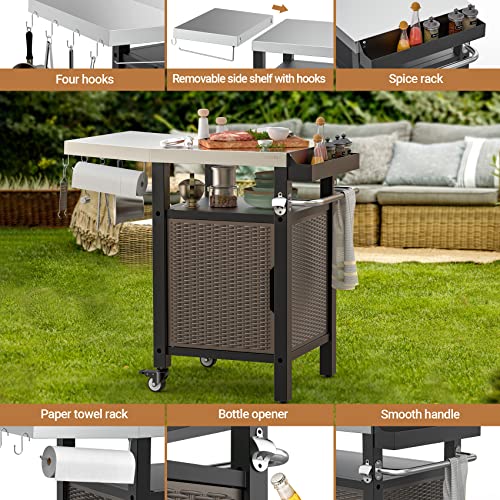Onlyfire BBQ Storage Trolley, Garden Serving Table with Seasoning Box and Closed Storage Space for BBQ and Outdoor Cooking