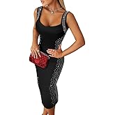 Womens Sexy Elegant Rhinestone Square Neck Sleeveless Bodycon Midi Dress Cocktail Party Club Night Out Dress