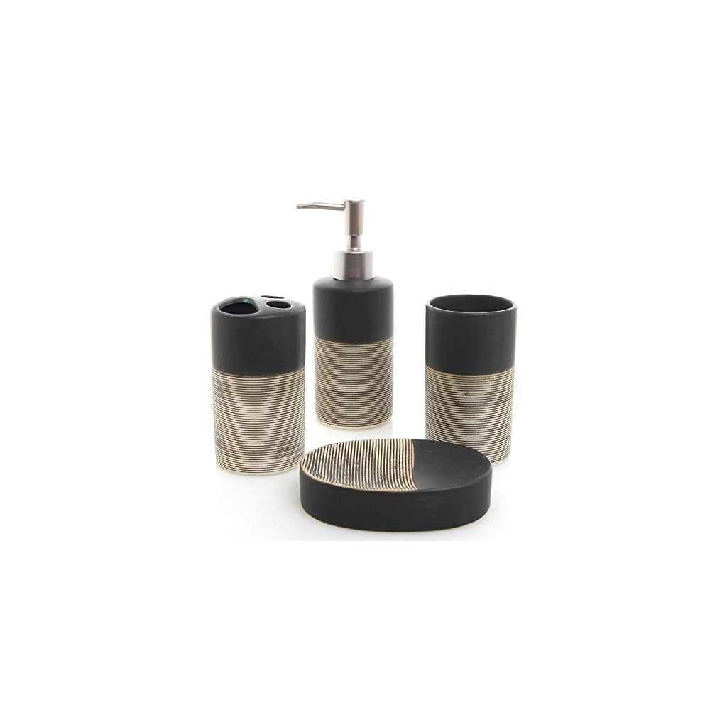MyGift Bathroom Accessories Set, Deluxe 4 Piece Black & Beige Ceramic