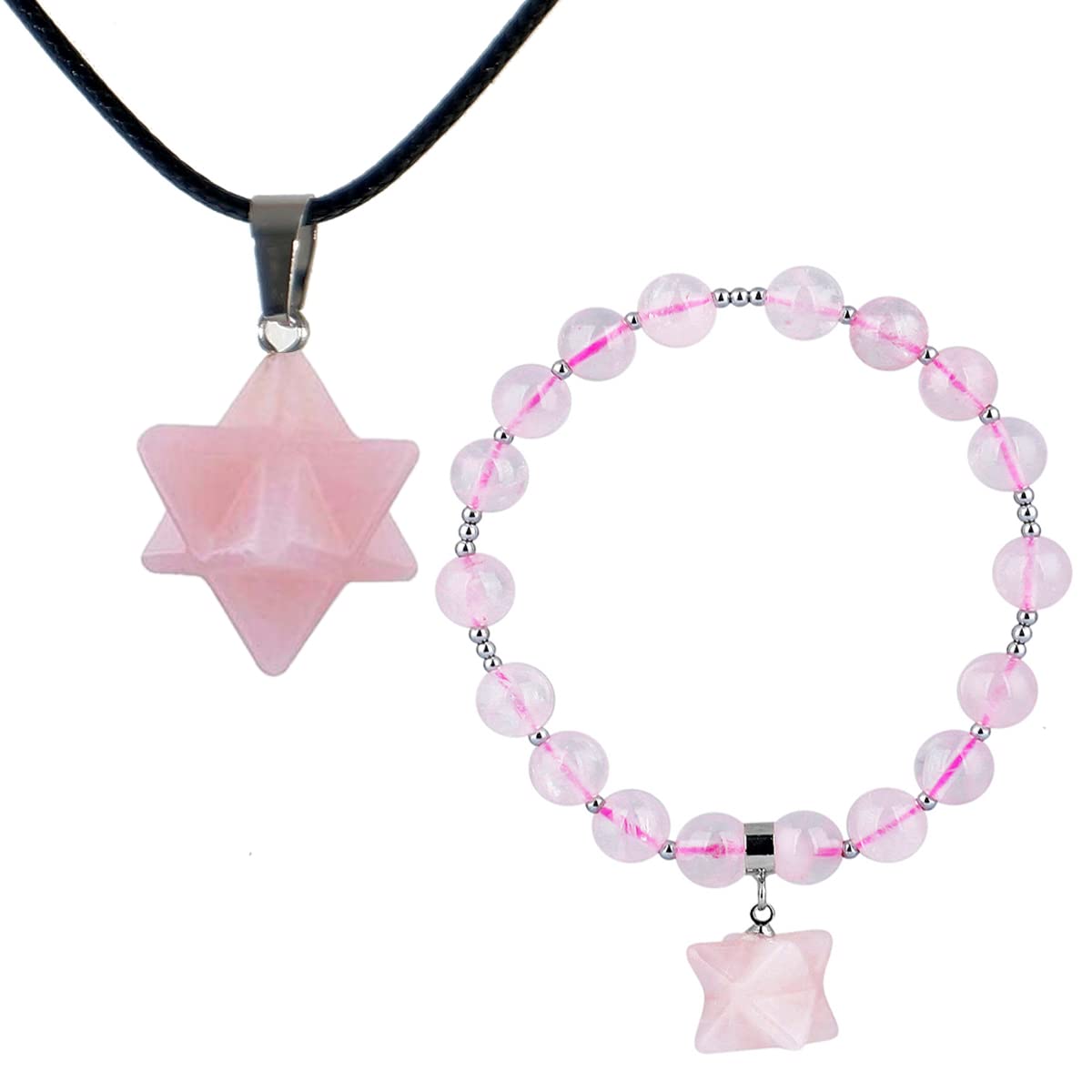 Bring Love Crystal 1Pcs Rose Quartz Pink Hexagram Pendant Necklace with Black Leather Cord and 1Pcs Natural Pink Crystal Merkaba Energy Stone Beads Bracelet