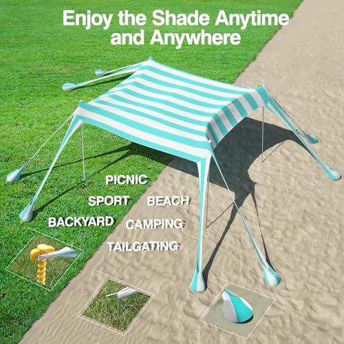 Rhino Valley Folding Beach Tent, Portable Beach Canopy UV Protection UPF50+ Windproof with Sandbags Pegs Ground Tent Outdoor Camping