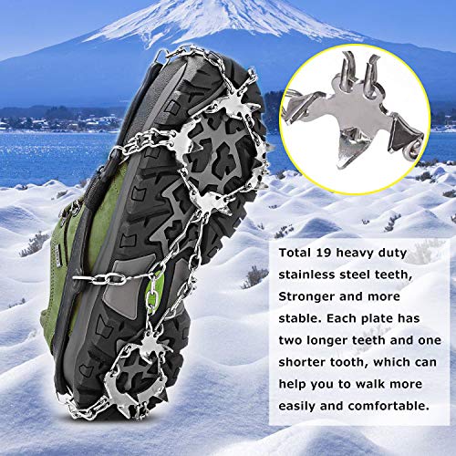 Vodche Traction Cleats Crampons Ice Snow Grips for Boots Shoes Stainless Steel Ice Cleats with 19 Spikes Safe Protect for Walking, Jogging, Climbing and Hiking (X-Large)