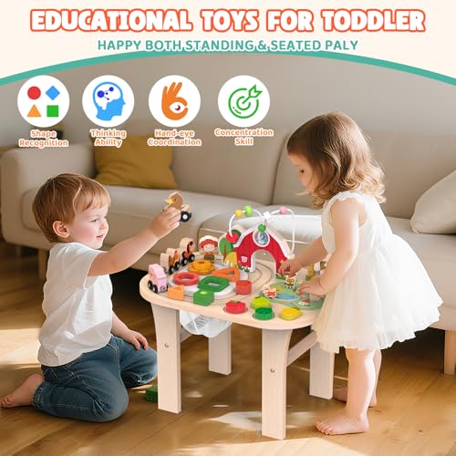 Weilim Montessori Wooden Activity Table, 1 Year Old Baby Toy with Bead Maze and Animal Shape Sorter and Train, Sensory Table, Educational Toy for Children from 12 Months
