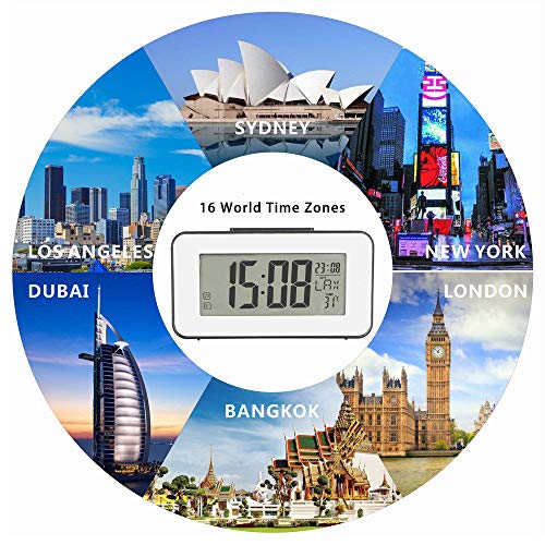 HAPITO Digtal Alarm Clock for Bedrooms - Sound Activated Backlight, Snooze, Time/Date/Temperature Display, 12/24 Hr and 16 World Time Zones for Kids, Desk, Bedside, Travel (Black) - Thumbnail 5